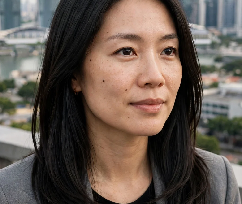 Woman with polished long layers against a city skyline