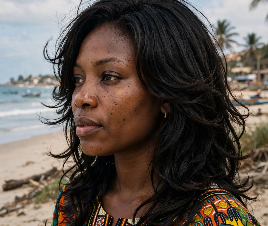 Woman with natural texture long layers on a beach