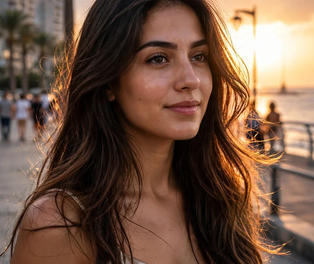 Woman with shiny flowing long layers on the Beirut corniche
