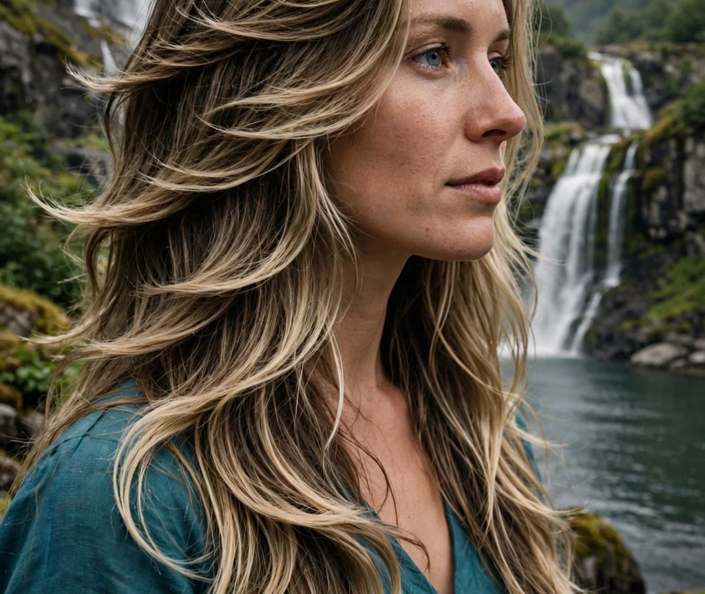Woman with waterfall long layers beside a fjord