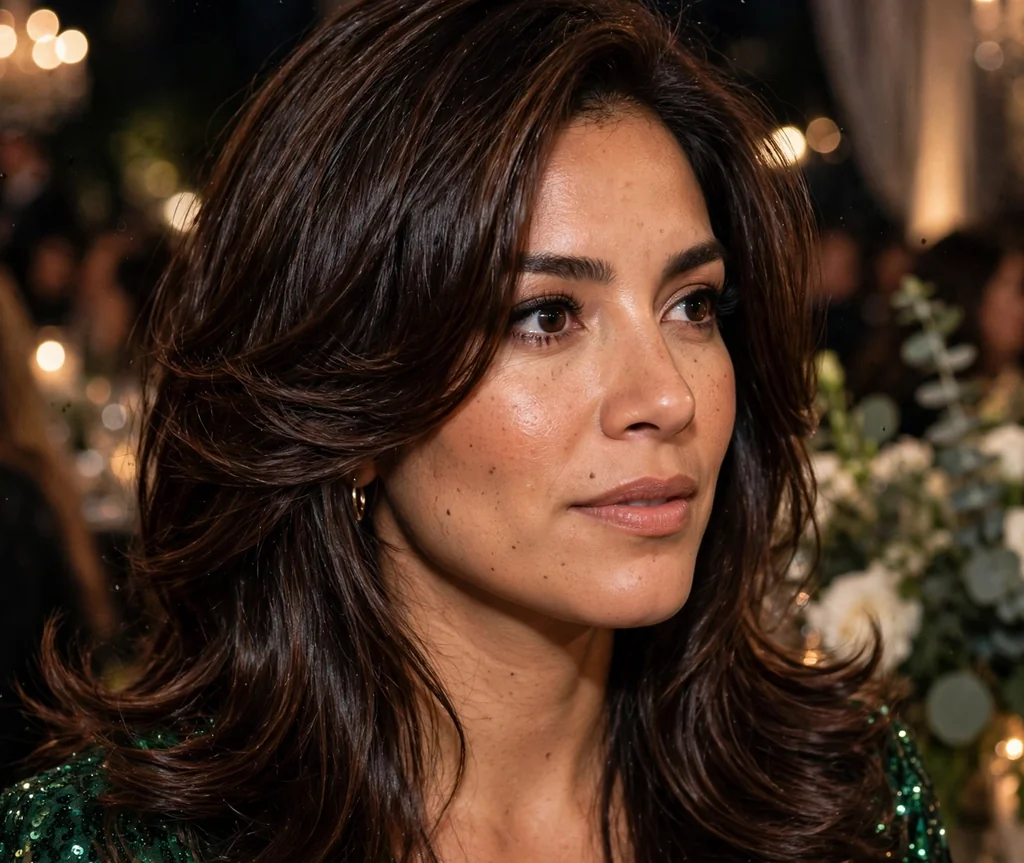 Woman with glamorous long layers at an evening gala