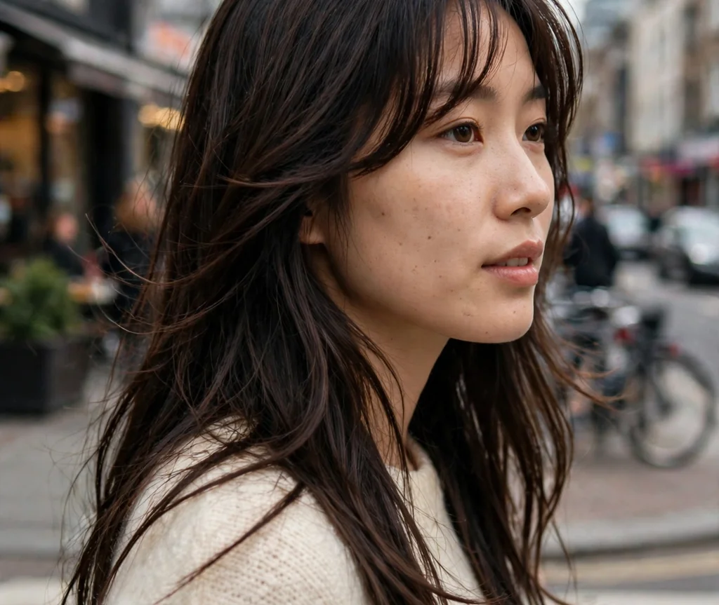 Soft feathered long layers with curtain bangs