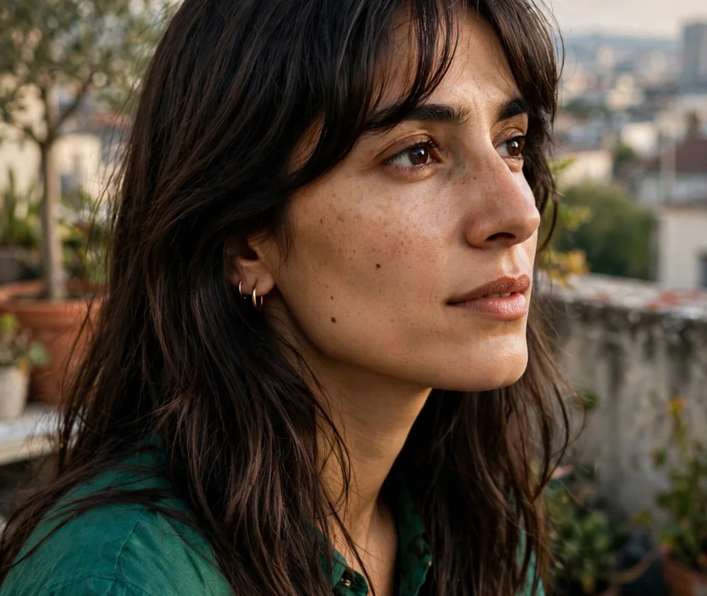 Long hair with wispy layered ends and curtain bangs