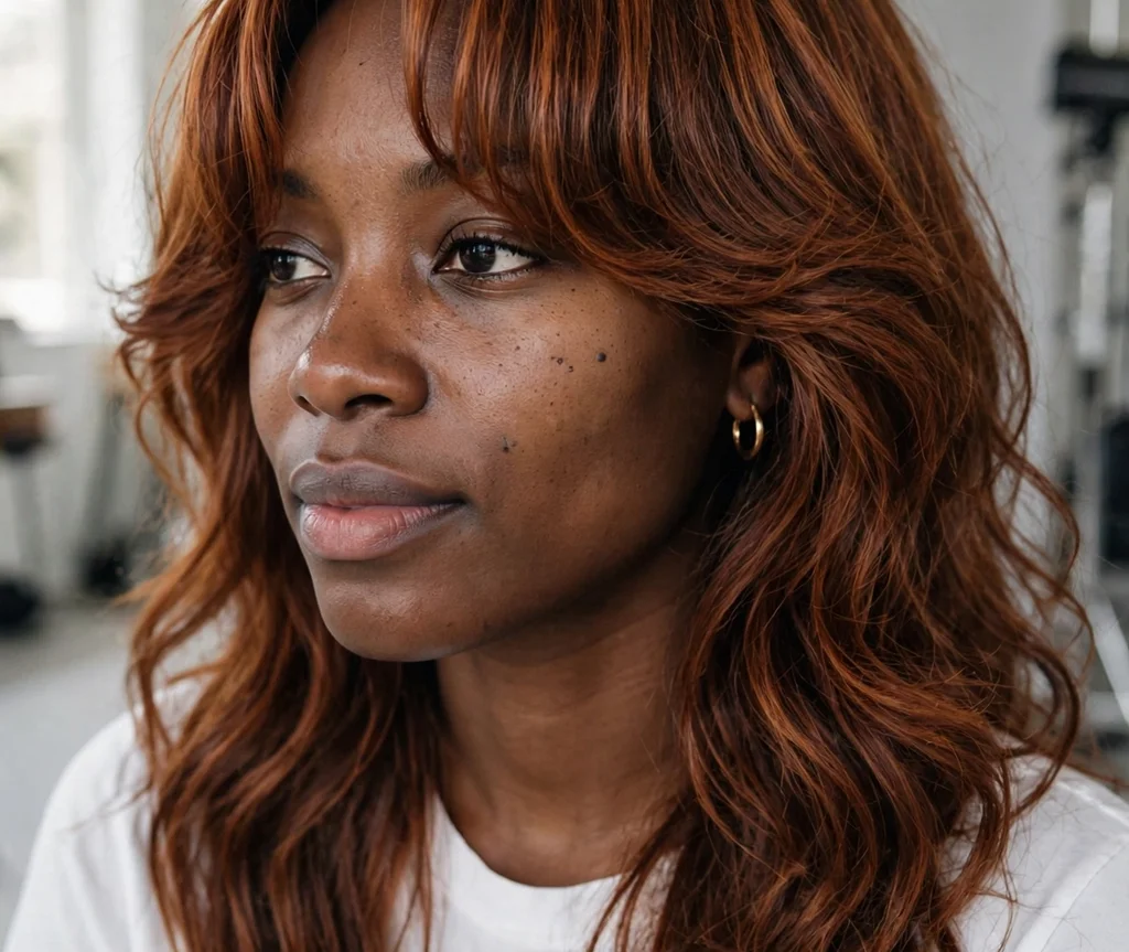 Long layers with balayage color and curtain bangs