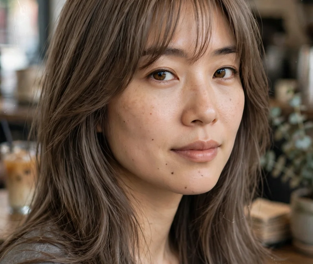 Air-dried long layers with curtain bangs
