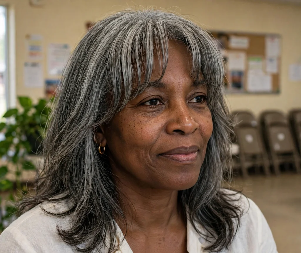 Long layers with dimensional hair color and curtain bangs