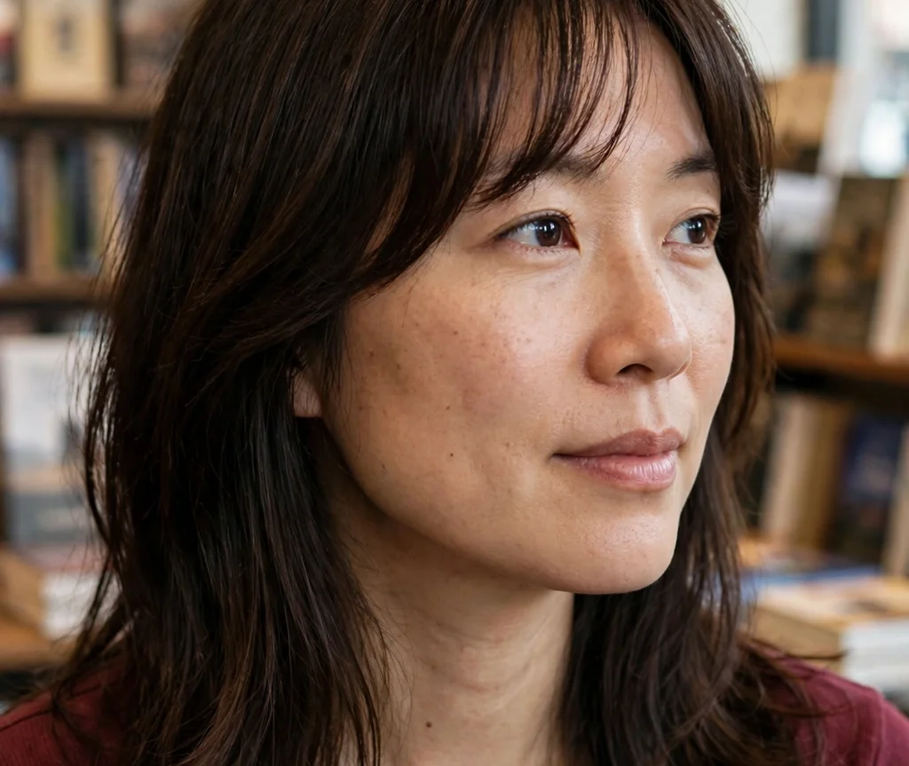 Center-part blowout with long layers and curtain bangs