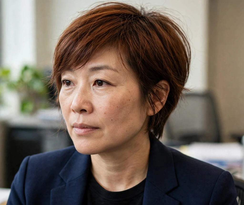 Long pixie with side-swept bangs on auburn brown hair, office background