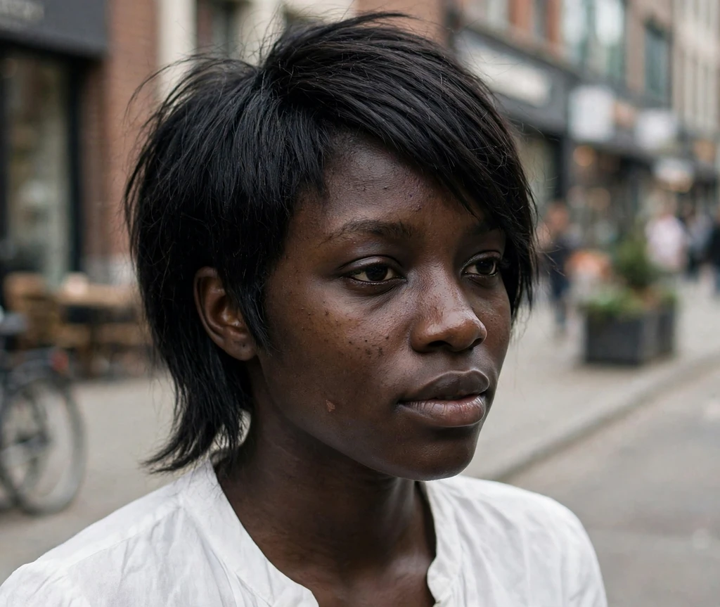 Asymmetrical long pixie, longer on one side, on jet black hair, city street background