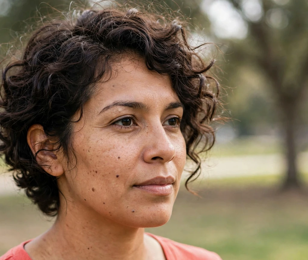 Curly long pixie with defined curls on dark brown hair, park background