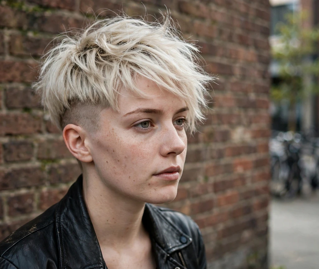 Undercut long pixie with shaved sides and long platinum top, urban wall background