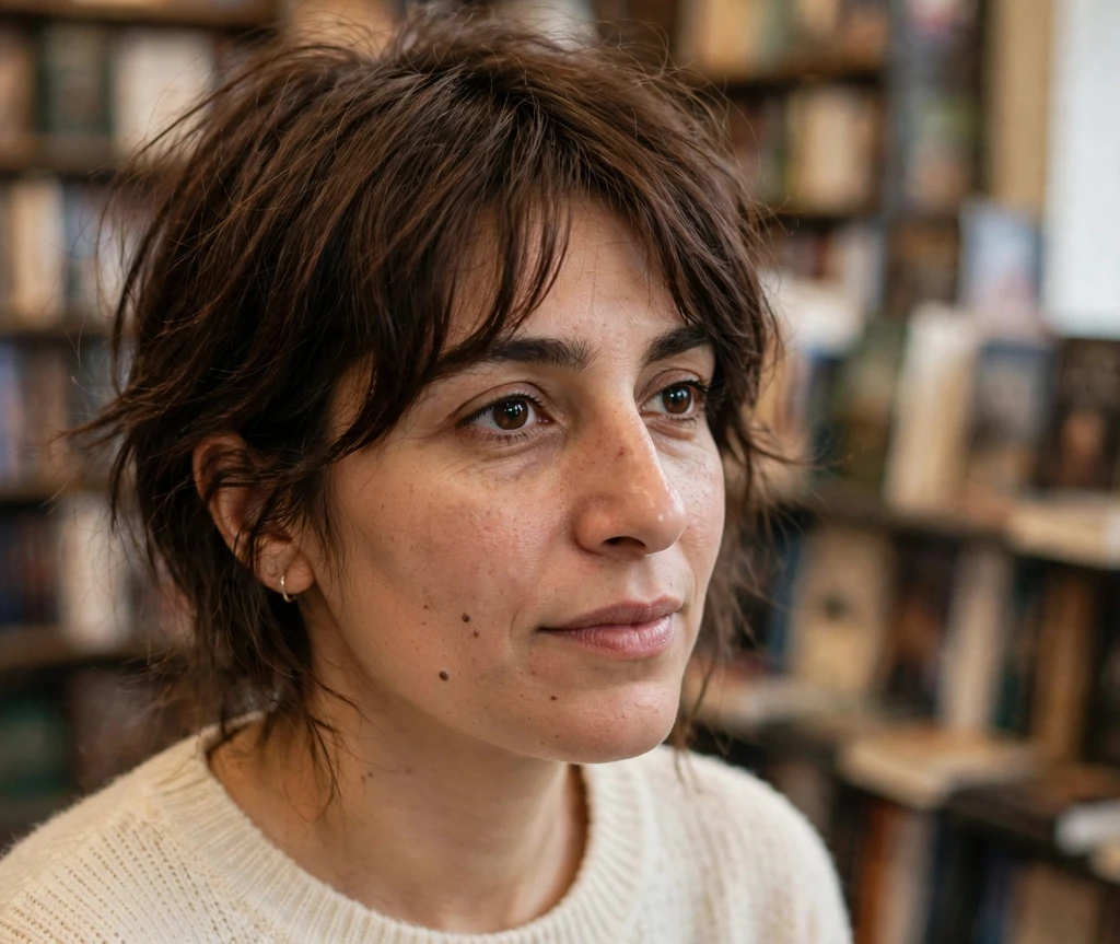 Long pixie with curtain bangs on chocolate brown hair, bookstore background