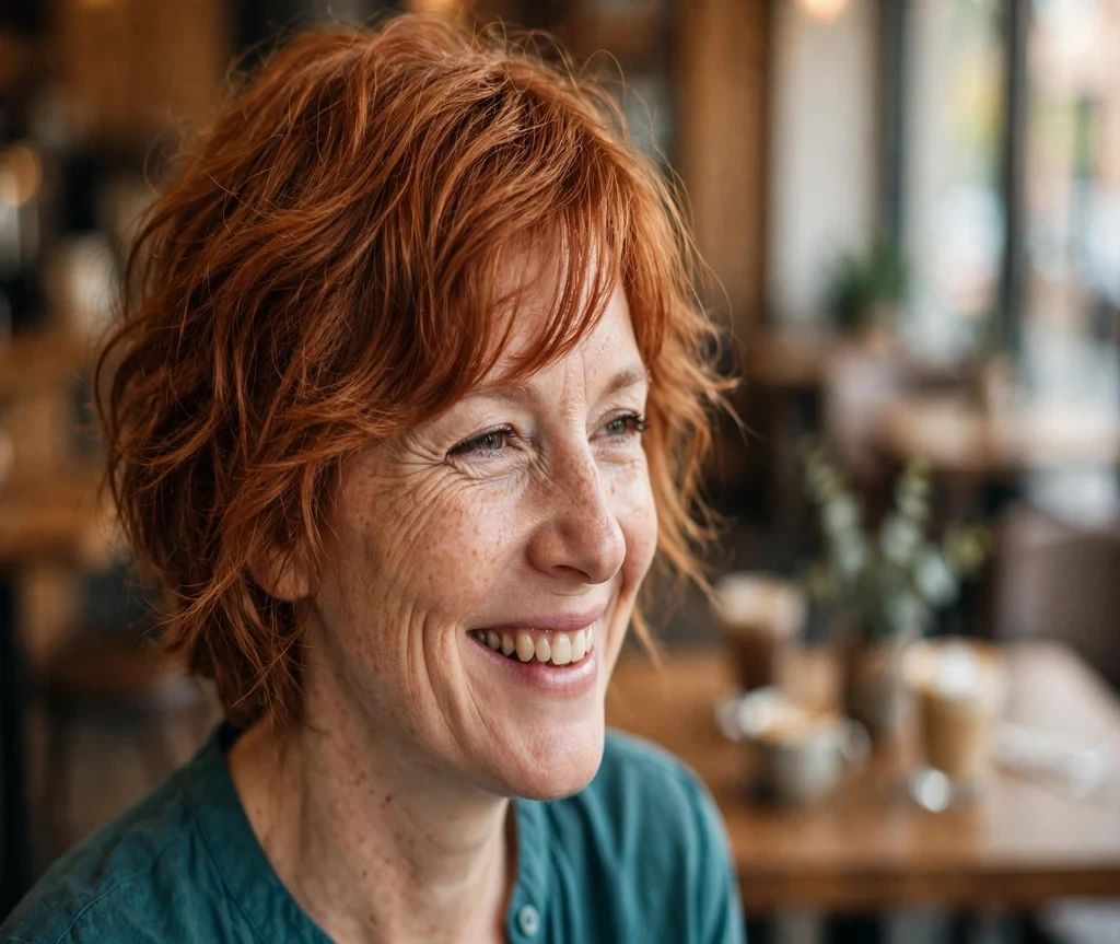 Wavy copper red long pixie with soft movement, café background