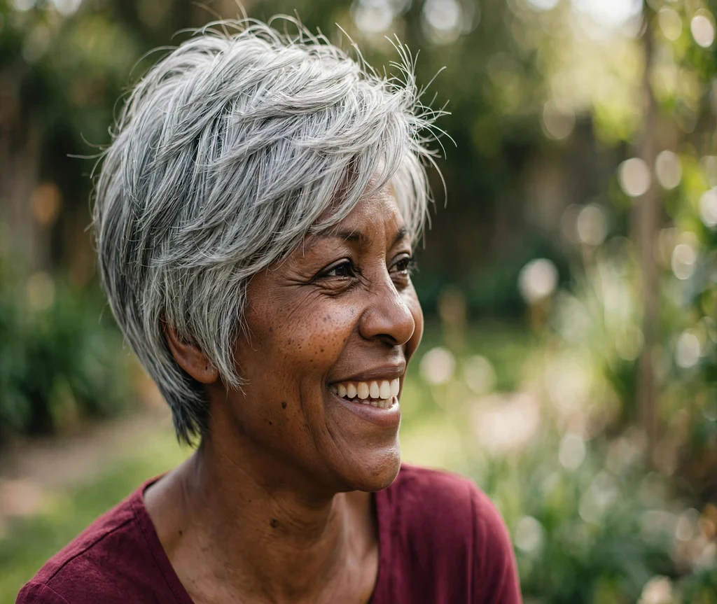 Layered silver gray long pixie on a mature woman, garden background