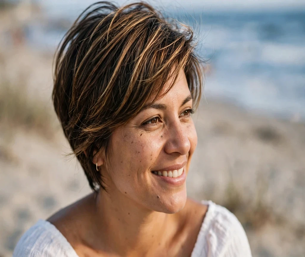 Long pixie with caramel highlights on dark brown hair, beach background