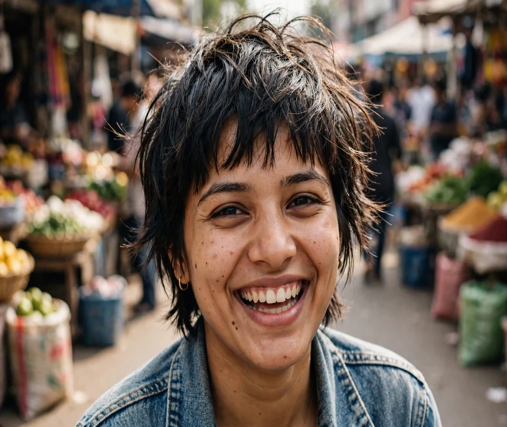 Choppy long pixie with jagged ends on black brown hair, market street background
