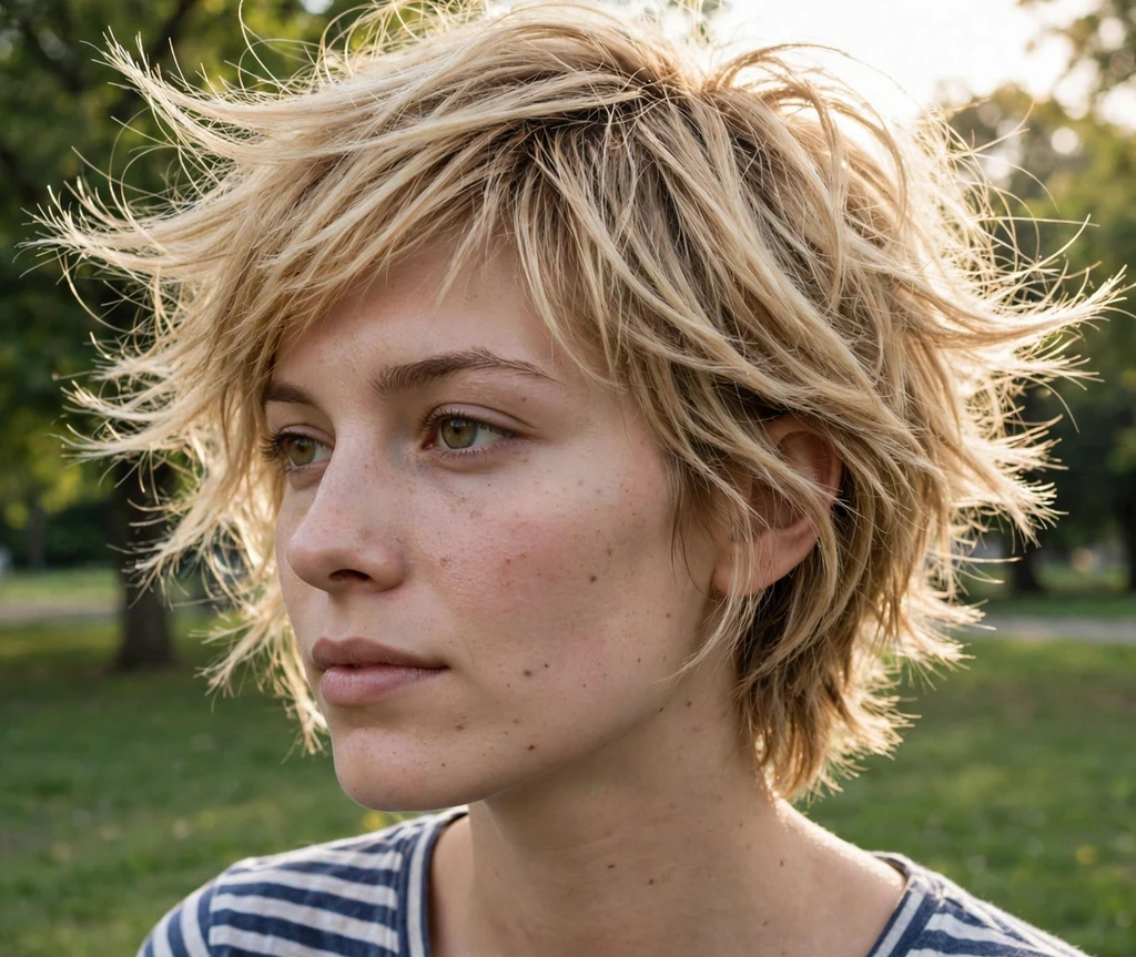 Tousled honey blonde long pixie with airy texture, park background