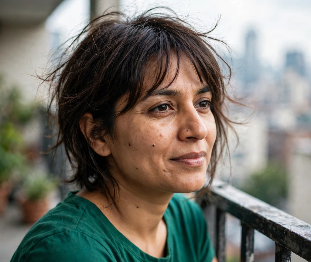Long pixie with wispy bangs on dark brown hair, balcony background
