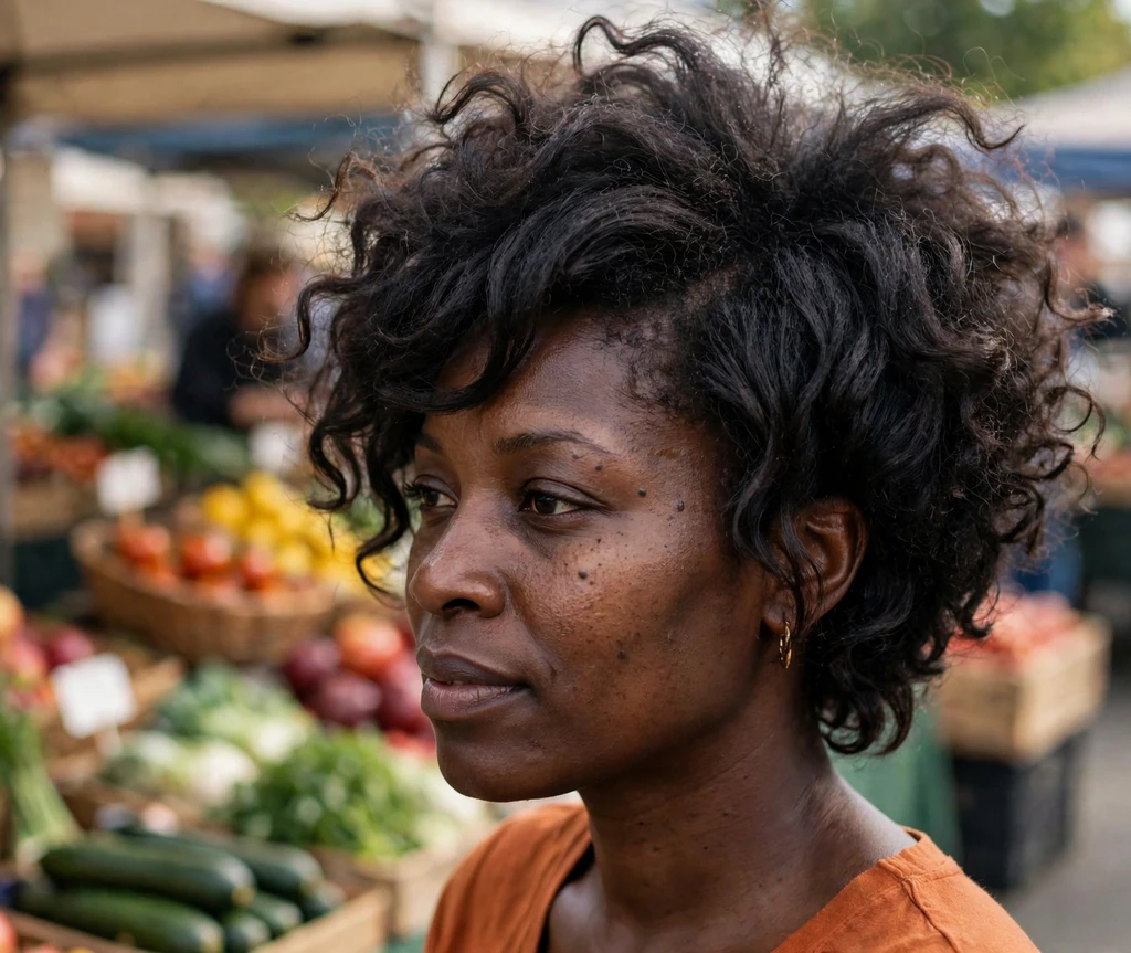 Voluminous long pixie with natural afro-textured volume, outdoor market background