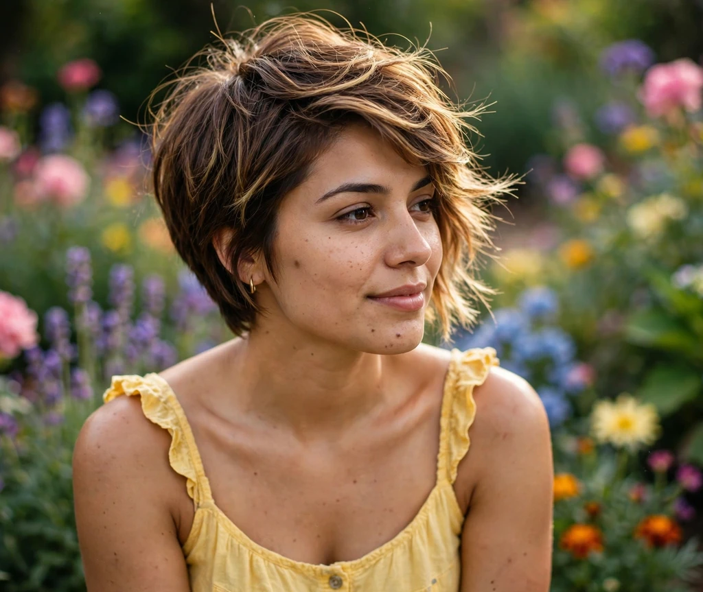 Long pixie with golden balayage ends on brown hair, garden background