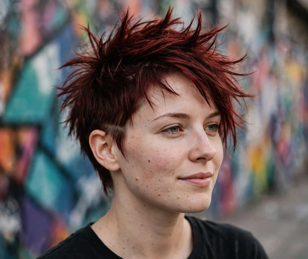 Edgy spiky dark red long pixie with textured spikes, graffiti wall background