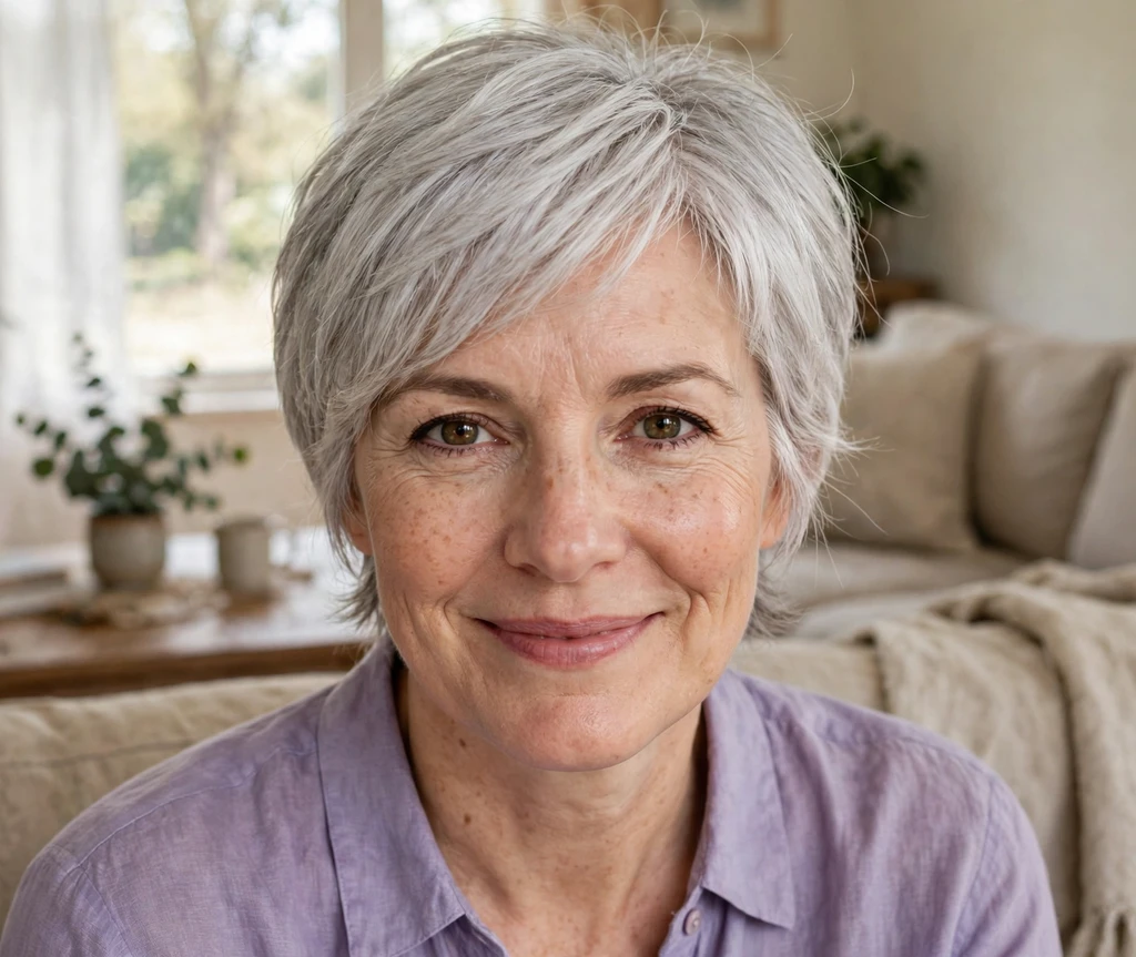 Classic silver white long pixie with soft layers, living room background