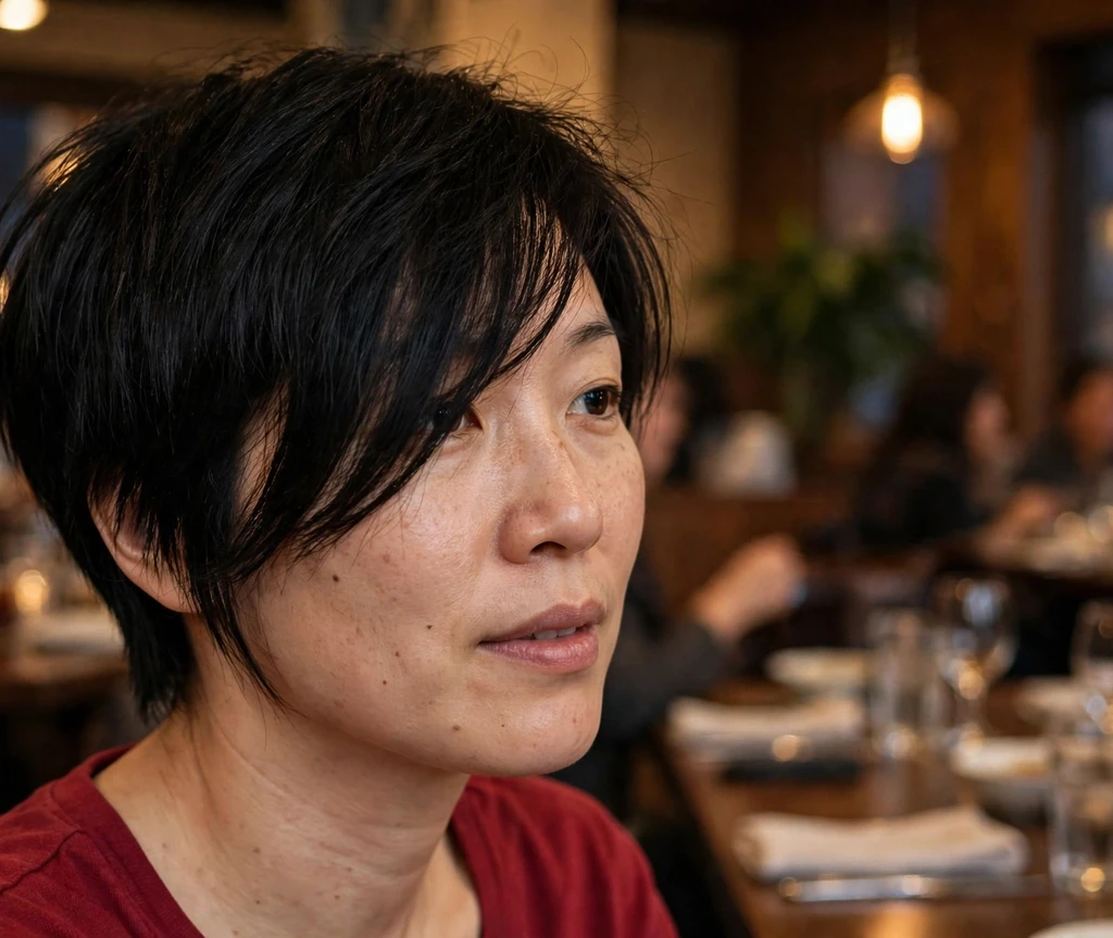 Long pixie with long sweeping fringe over one eye on jet black hair, restaurant background