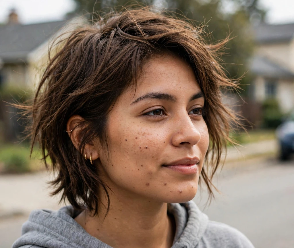 Messy bedhead long pixie on medium brown hair, residential street background