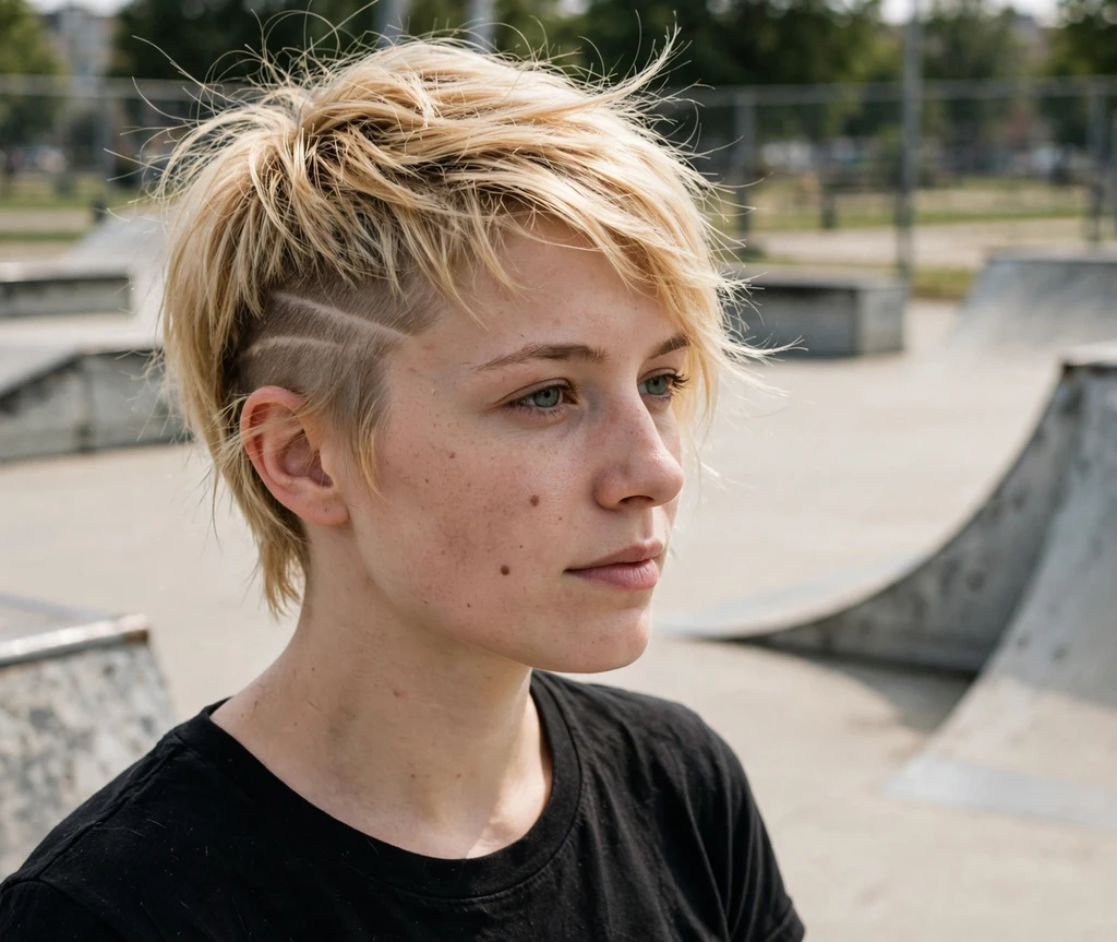 Blonde long pixie with shaved side line design, skate park background