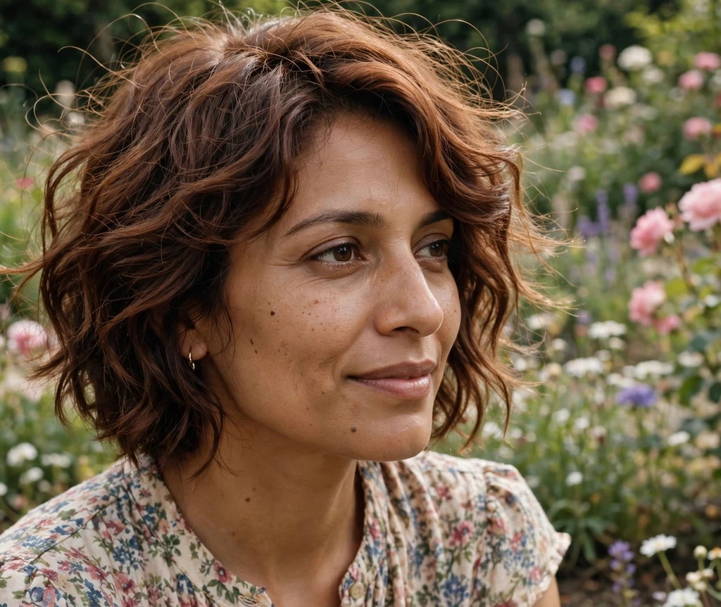 Soft romantic wavy long pixie on chestnut brown hair, flower garden background