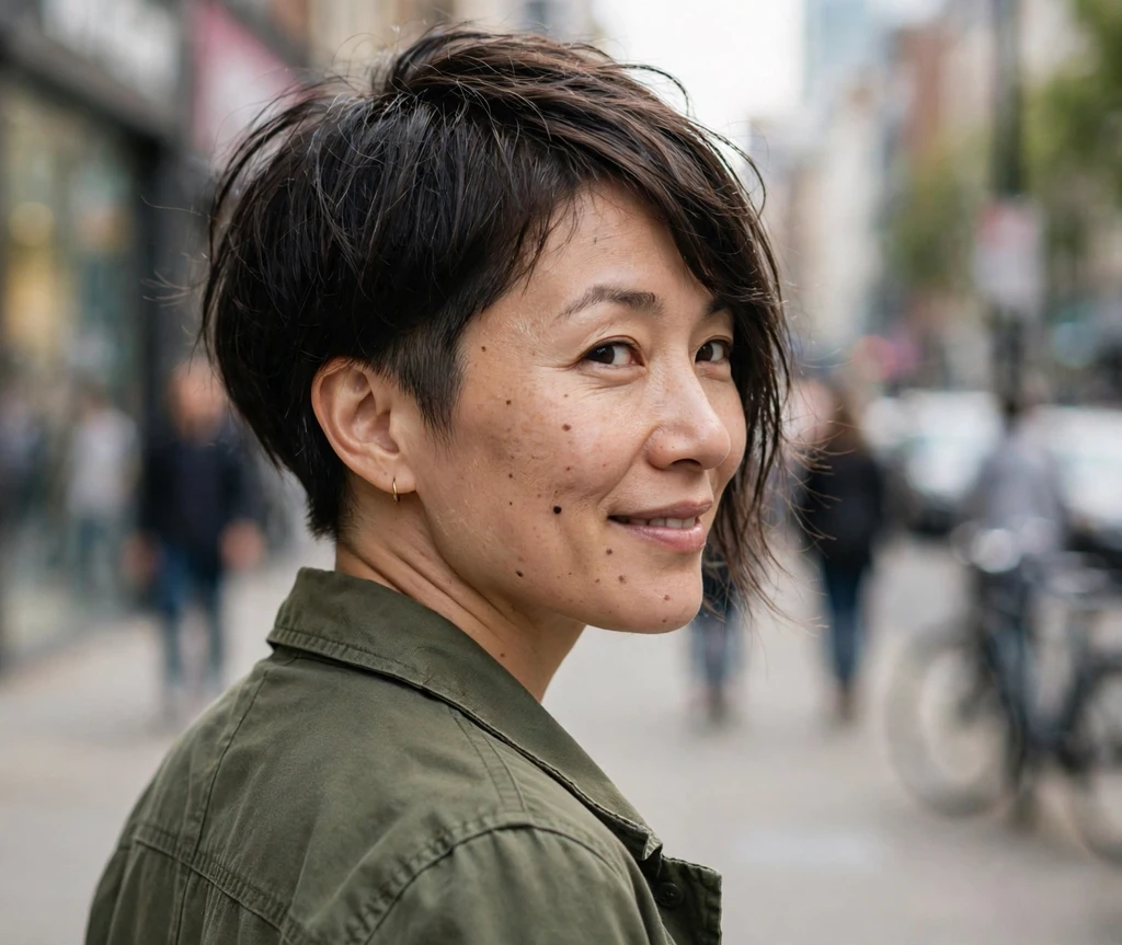 Long pixie with nape undercut and long brown black layers, city street background