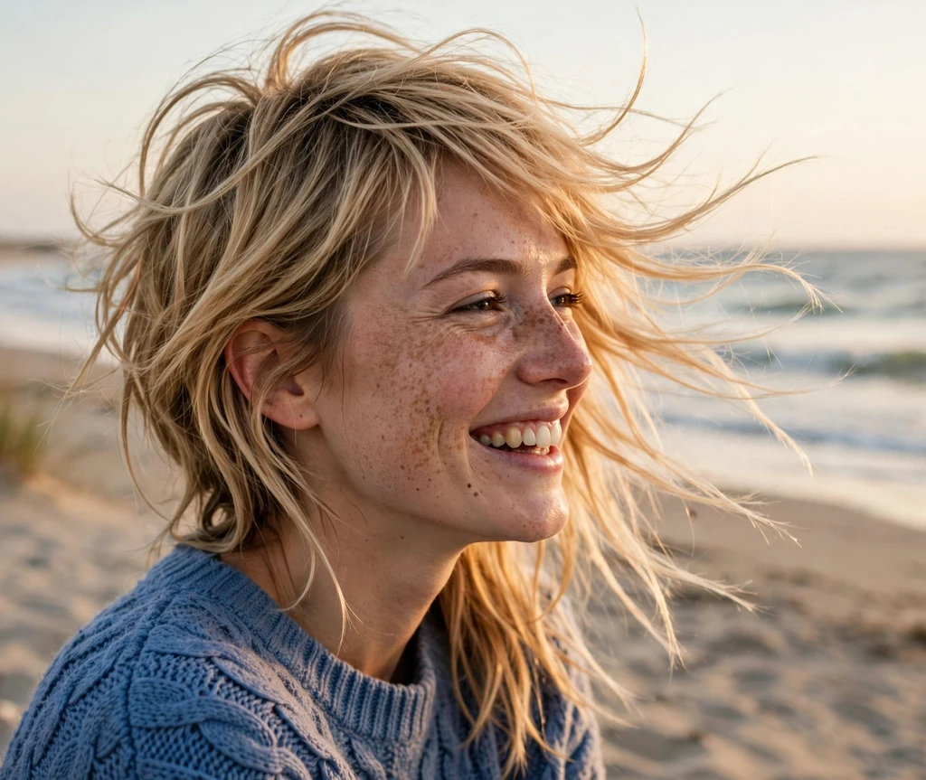 Windswept sandy blonde long pixie with beachy movement, beach background