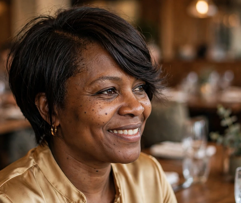 Long pixie with deep side part on dark brown black hair, restaurant background