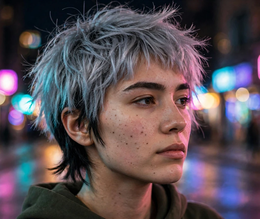 Two-tone long pixie with black base and silver gray top layers, neon city street