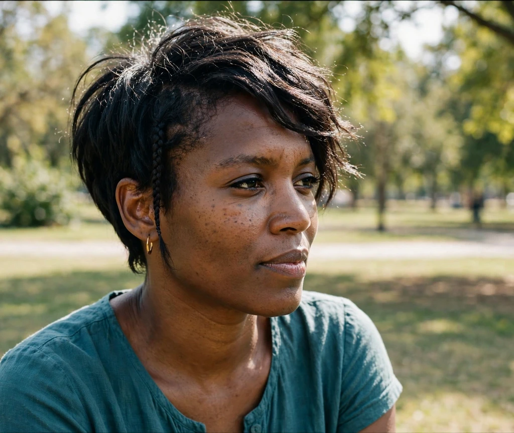Long pixie with small braided accent at the temple, park background