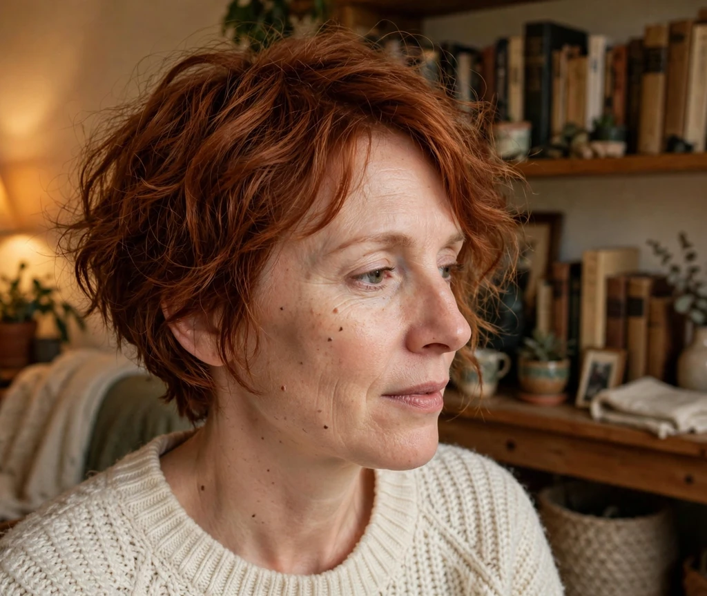Grown-out auburn long pixie with soft natural waves, cozy home interior