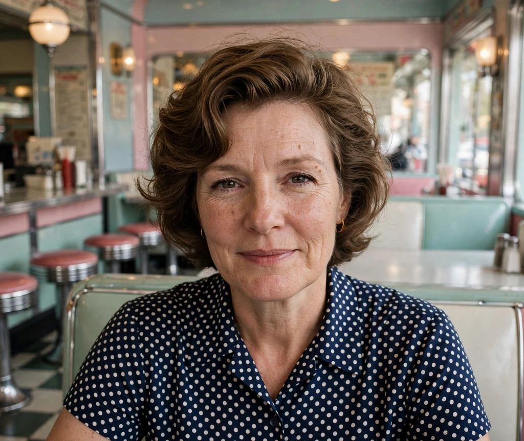 Vintage-inspired long pixie with soft sculpted waves, retro diner background