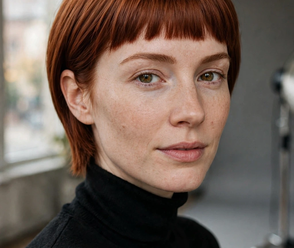 sleek long pixie haircut with straight-across bangs