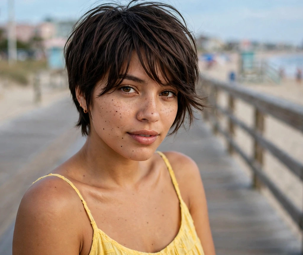 long pixie haircut with long feathered bangs