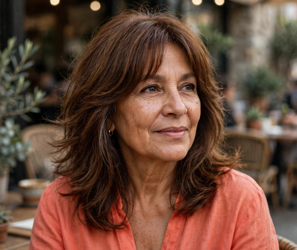 Latina woman in her late fifties with a chestnut brown feathered long shag with curtain bangs on a cafe patio