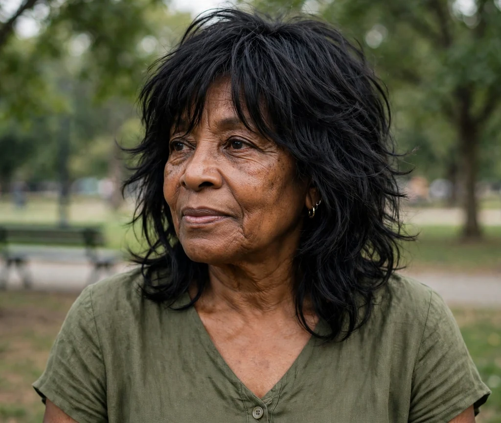 Black woman in her mid-sixties with a tousled layered long shag with face-framing pieces in a park