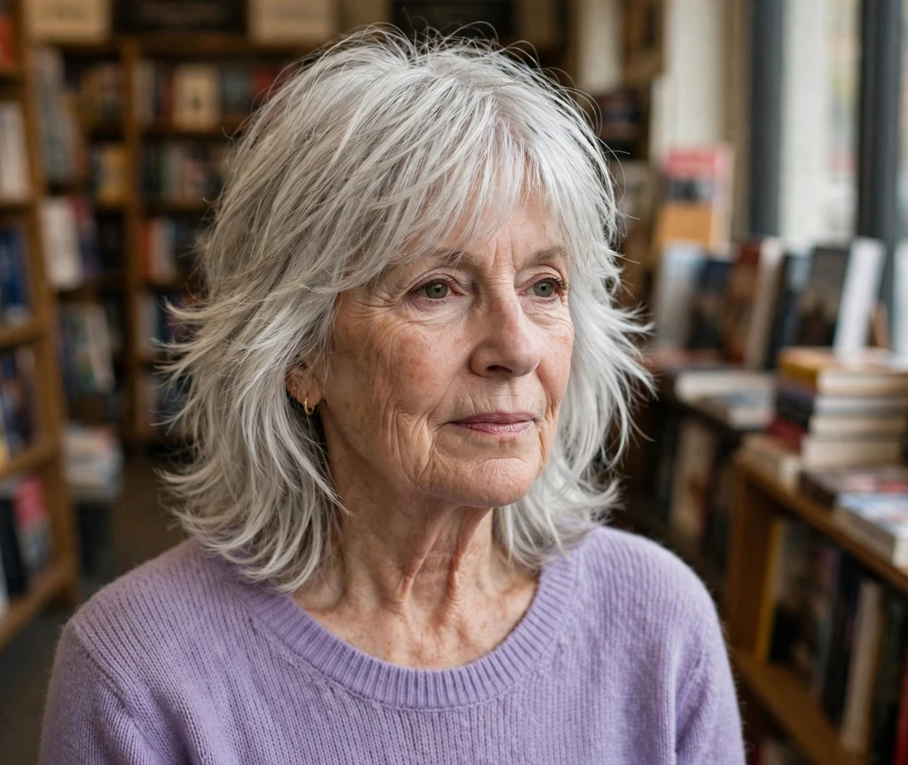 White woman in her early seventies with a silver-white long shag with wispy airy layers in a bookstore