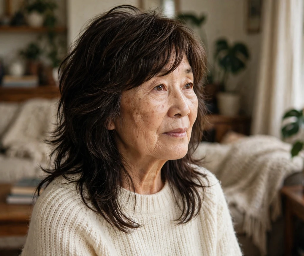 East Asian woman in her mid-sixties with a dark brown long shag with side-swept bangs in a living room