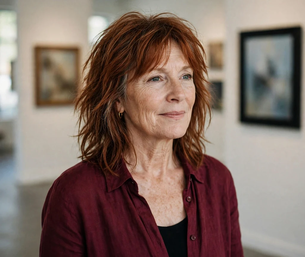 White woman in her late fifties with an auburn choppy long shag with razored ends in an art gallery