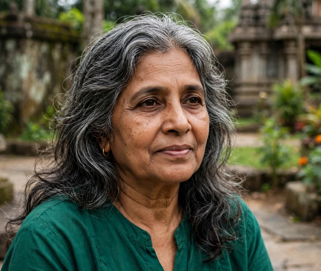 South Asian woman in her early sixties with a salt-and-pepper soft wavy long shag in a temple garden