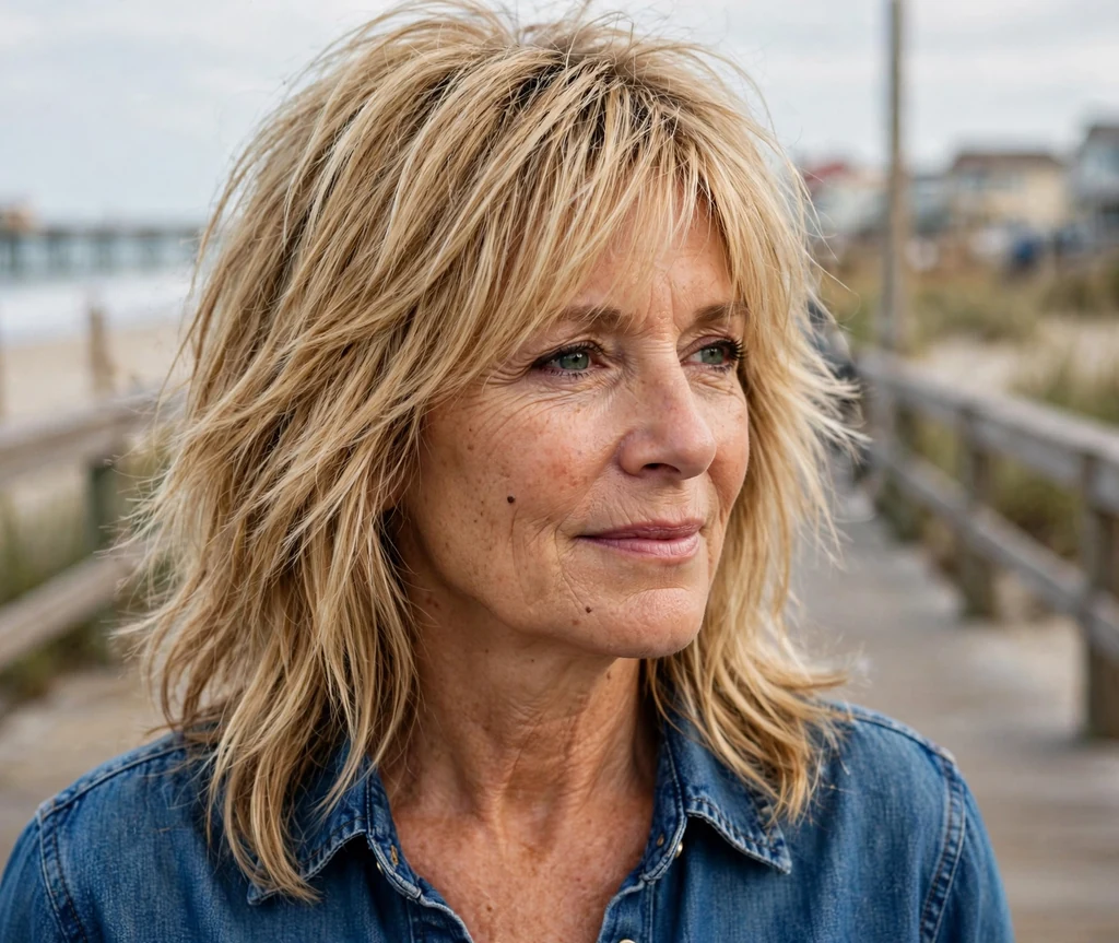 White woman in her mid-fifties with a honey blonde long shag with lived-in layers on a beach boardwalk