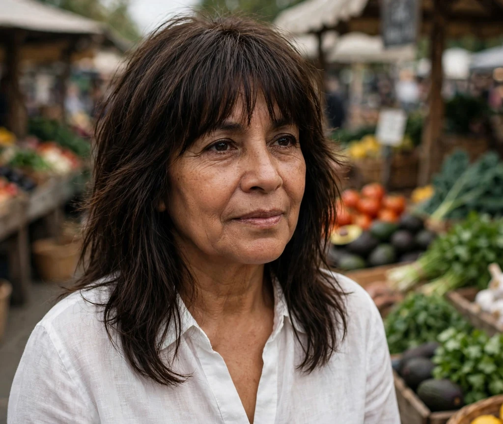 Latina woman in her early sixties with a dark brown long shag with full straight bangs at a farmers market