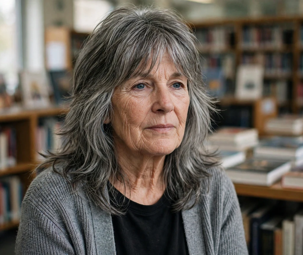 White woman in her late sixties with a salt-and-pepper long shag with blended grey layers in a library