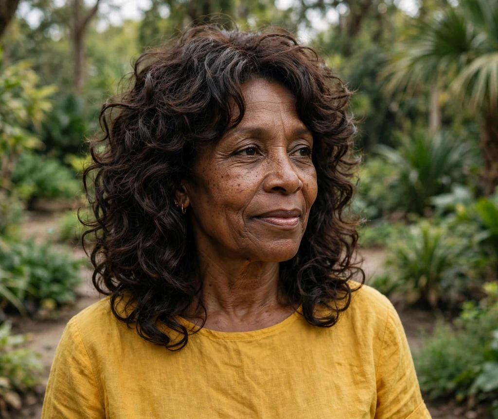 Black woman in her late fifties with a curly long shag with bouncy defined layers in a botanical garden