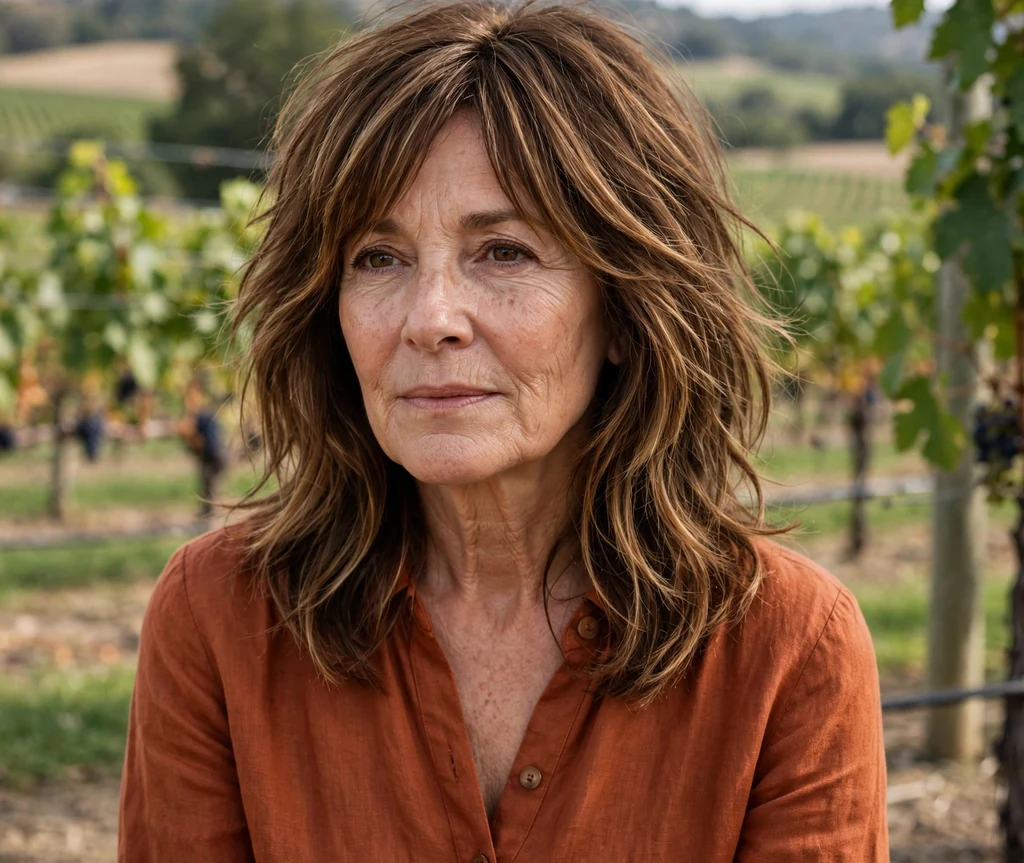 White woman in her early sixties with a brown and caramel balayage long shag in a vineyard